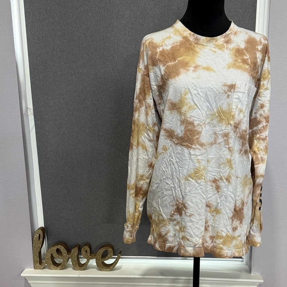 PINK Victoria's Secret Cream and Brown Tie-Dye Long Sleeve Top
